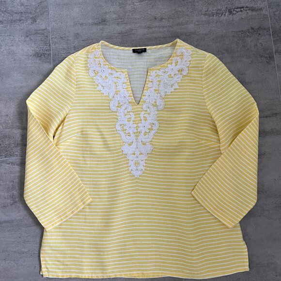 Talbots Linen Beaded Appliqué V- neck Top Yellow White Stripe Size S - Picture 2 of 7